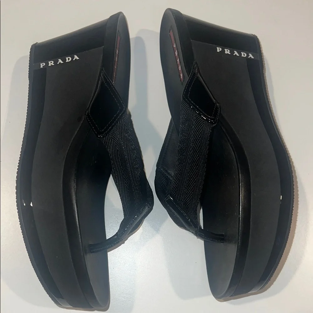Prada Black Wedge Flip-Flip flop sandal size 38 new! No box - Picture 4 of 8